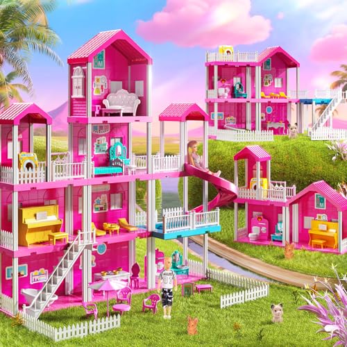 JUKUDAHU Pink Villa Playset for Girls Ages 3-7, 4-Story 10-Room House with 2 Dolls, Furniture & Accessories, Pretend Play Toddler Toy, Birthday Gifts for Kids 3-8