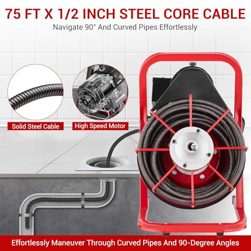 75FT x 1/2in Drain Cleaner Machine, 400W Electric Drain Snake with 6 Cutters & Foot Switch for 1" to 4" Pipes, Heavy Duty Sewer Auger for Sinks, Toilets, Showers