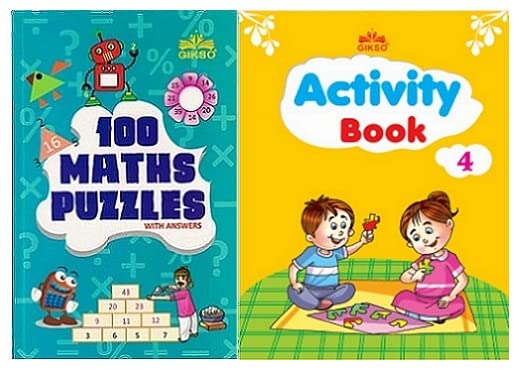 GIKSO Set of 2 Activity Books- 100 Maths Puzzles Book and Activity Book 4 | Includes 150 Brain Boosting Mathematical and Interactive Activities for Age 6-12 Years Old Kids