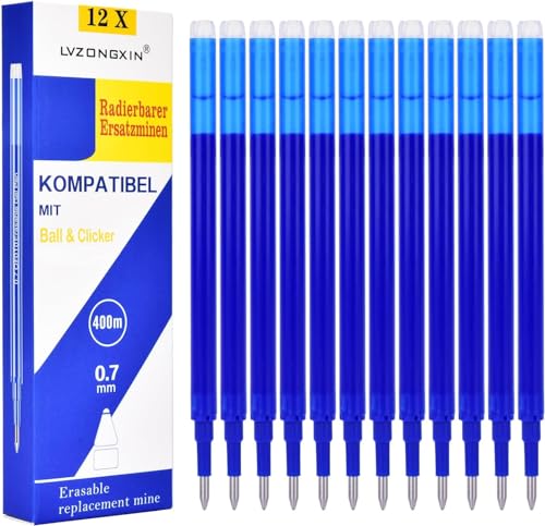 LVZONGXIN Blau Radierbare Ersatzminen, Kompatibel mit Frixion & Eberhard Faber animal erase it, 0,7mm [12er Set], Thermosensible Tinte, 400m Schreiblänge (Blau)