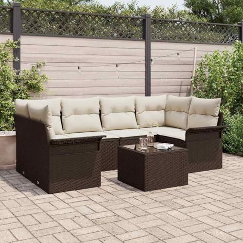 QJBSAVVA Gartensofa Set 7-TLG Braun Creme 110 x 55 cm Outdoor Sofa mit...