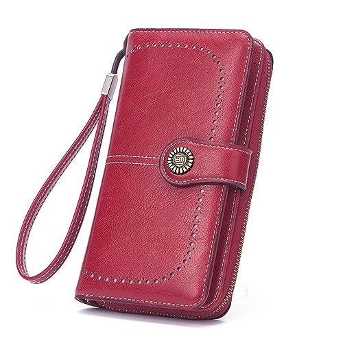 Image of Mokoze Wallet for Women, PU Leather Large Capacity Wallets with Wrist Strap and Zipper for Hold Credit Cards /Cell Phones /Keys, Girlfriends Mother's Day Gifts, Red, 7.48 inch x 4.13 inch x 1.18 inch, Bifold