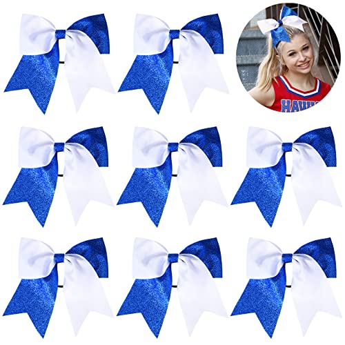 8" Glitter Royal Blue White Cheer Bows - CEELGON Cheer Hair Bows for Girls Large Ponytail Holders Bulk Elastic Hair Ties
