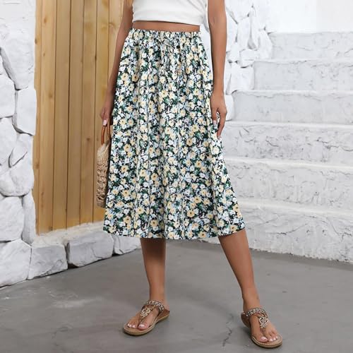 Floral Skirts for Women Midi Length Vintage Drawstring High Waisted A Line Skirt Flowy Boho Midi Skirt with Pockets3