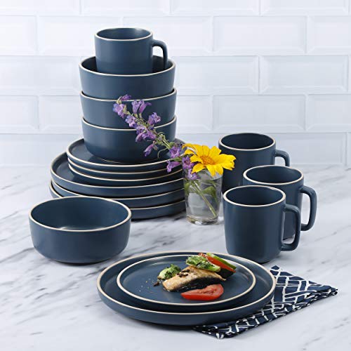 Image of Gibson Home Zuma 16 Piece Round Kitchen Dinnerware Set, Dishes, Plates, Bowls, Mugs, Service for 4, Matte Stoneware, Cobalt Blue (127342.16R)