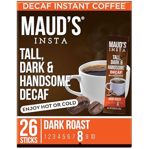 Maud's Dark Roast Decaf Instant Coffee Packets Single Serve, 26 ct | Decaffinated Tall Dark & Handsome | 100% Arabica Dark Roast Coffee Solar Energy Produced | Instant Coffee Powder Travel Packs Cover