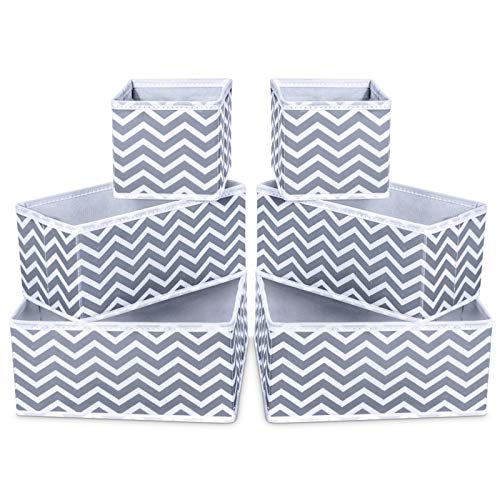 Storage Bins, iSPECLE Foldable Cloth Storage Cubes Drawer Organizer Closet Underwear Box Storage Baskets Containers Drawer Dividers for Bras, Socks, Scarves, Cosmetics - Set of 6, Grey Chevron Pattern