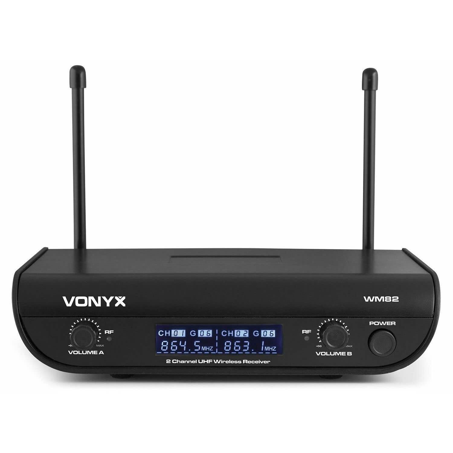 Vonyx WM82B Sistema UHF Digital con 2 Diademas | Diadema y solapa, receptor dual, salidas XLR, alcance hasta 50 m