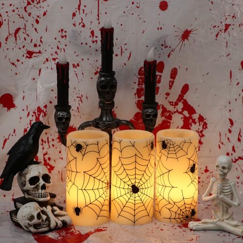 Image of Halloween Flameless Candles with 6H Timer, Real Wax LED Pillar Candles Flickering, Halloween Decor Indoor Cobweb & Spider Candle Set of 3, D3 inchx H6 inch Halloween Lights