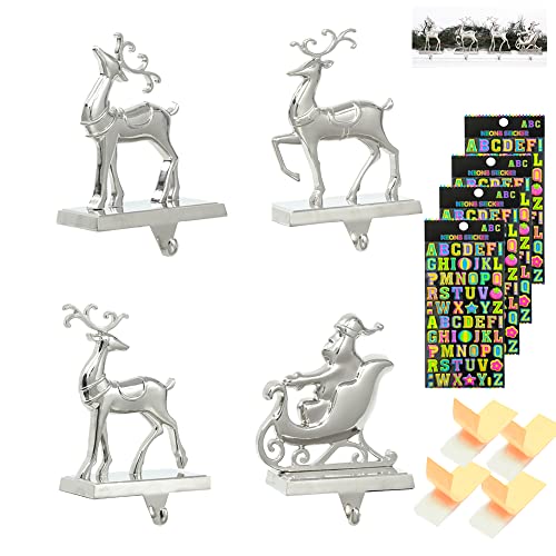 Ulico Christmas Stocking Holder Stocking Hanger- Weighted Stocking Holder for Mantel Set of 4-Reindeer Stocking Holder-Silver MetalÂ Mantel Stocking Holders-Christmas Mantel Decorations