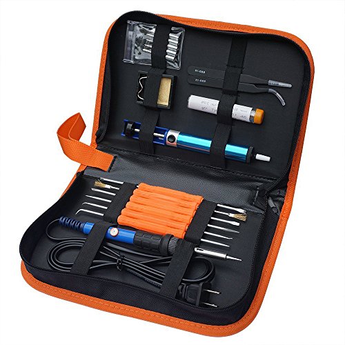 Sywon Full Set 60W 110V Electric Soldering Iron Kit With Adjustable Temperature Welding Iron, 5Pcs Tips, Desoldering Pump, 2Pcs Tweezers, Tin Wire Tube, Stand And 6Pcs Aid Tools In Pu Carry Bag #TOP8