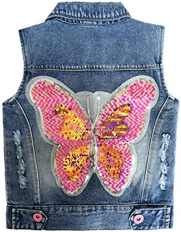 Peacolate Little Big Girl Distressed Sleeveless Jacket Embroidered Sequins Butterfly Denim Vest (Butterfly,6-7Years)
