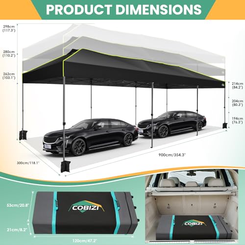 Image of COBIZI 10x30 Pop Up Canopy Tent, Wedding Party Tent with 8 Sidewall One Push Setup Glow, 3 Adjustable Height Air Vent Waterproof UPF50+, Wheeled Bag, Sandbag, Stake, Rope for Commercial, Outdoor