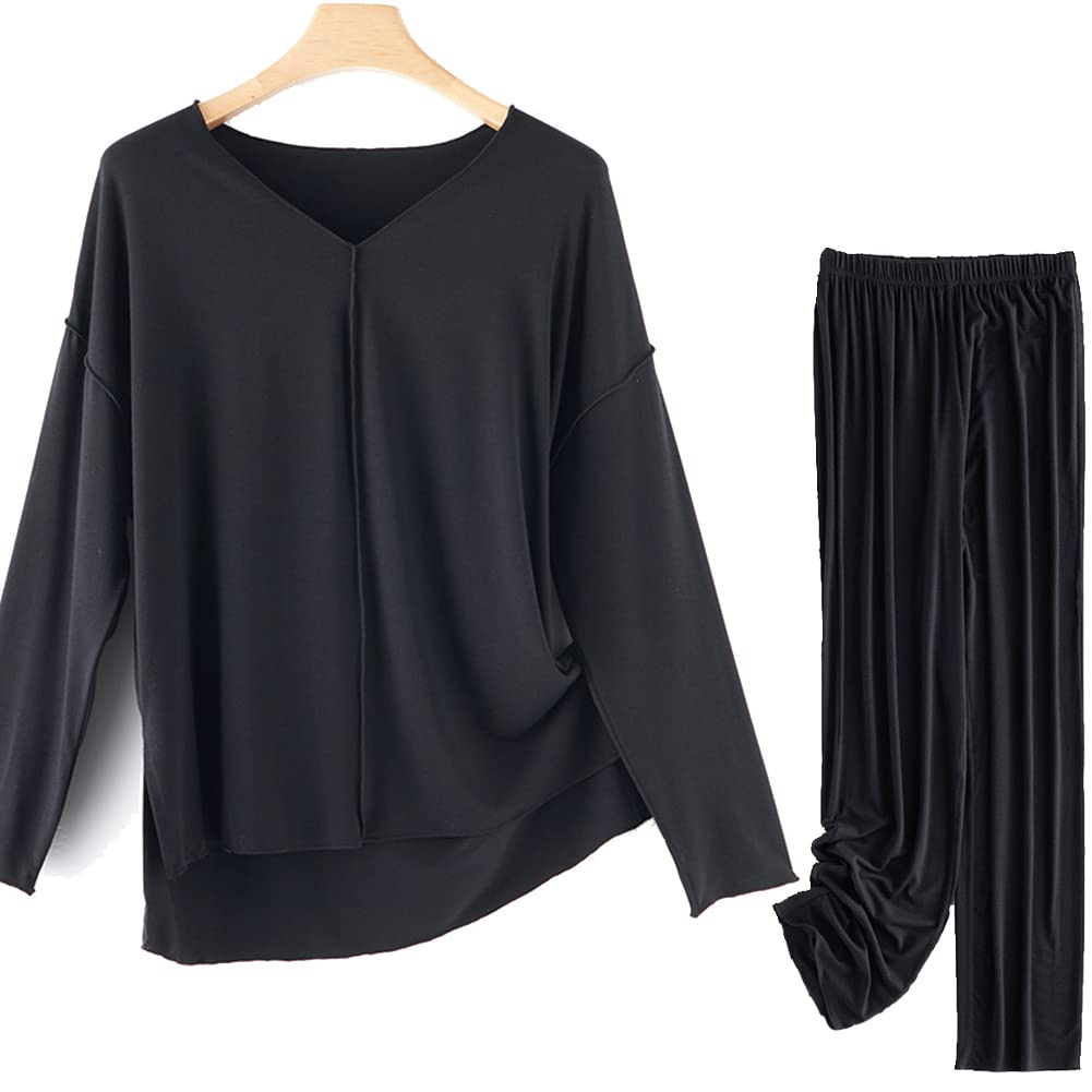 COSOSA V-neck Pajamas Sets for Women - Light and Soft Loose-fitting Home Leisure Long Sleeve Sleepwear Tops and Pants