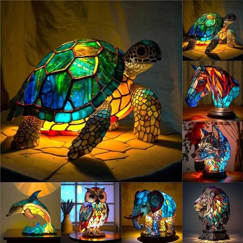 ZWRXW Animal Table Lamp Series, Retro Table Lamp, Stained Wolf Horse Lion Elephant Dragon Dolphin Cat Owl Turtle Bedside Lamp Night Light, Tabletop Home Bedroom Decoration