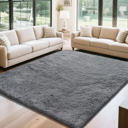 Fluffy Rug Shaggy Area Rug, Dark Grey 6x9 Area Rugs for Living Room, Large Shag Area Rugs for Bedroom Kids Room Home Decor, Upgrade Anti-Skid Rectangular Fuzzy Rugs