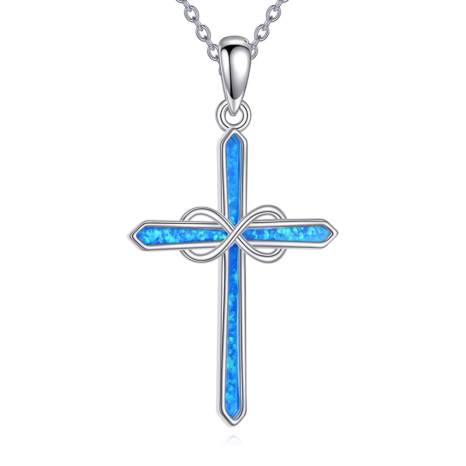 DAYLINLOVE Nieskończony krzyż naszyjnik ze srebra wysokiej próby 925, niebieski opal, wisiorek w kształcie krzyża, prosta biżuteria religijna, nieskończona wiara, amulet ochronny dla kobiet