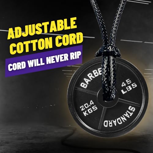 Gym Gifts for Men and Women: Black 45 lb Plate Necklace, Adjustable Cotton Rope Cord, Motivational Gym Rat Gifts for Women, Stylish 1.5in Diameter Motivation2