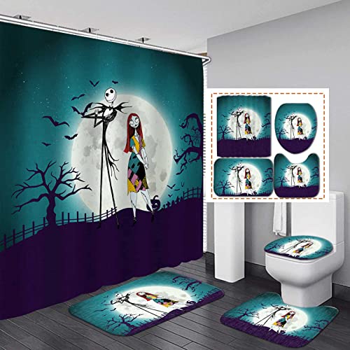 4Pcs Nightmare Before Christmas Shower Curtain Set with Non-Slip Rugs, Toilet Lid Cover and Bath Mat, Halloween Xmas Winter Holiday Bathroom Decor Sets with 12 Hooks 72 x 72 Inches