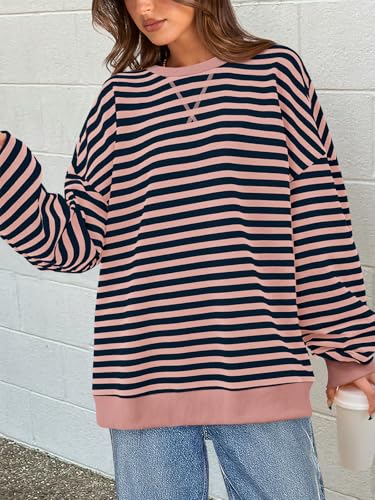 Image of PRETTYGARDEN Womens Striped Oversized Sweatshirt Color Block Crew Neck Long Sleeve Casual Loose Pullover Top Y2K Clothes