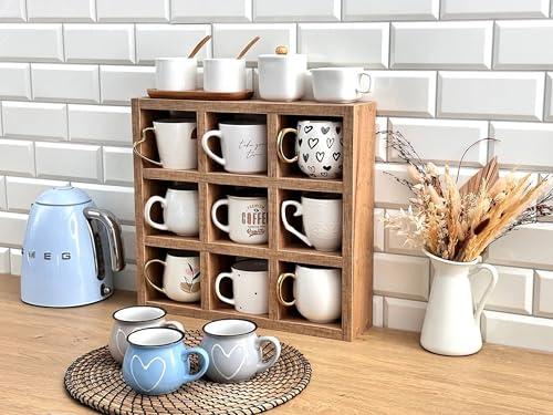 Image of Hamdan Collection Wall Mounted Mug Shelf - Coffee Cup Storage - Kitchen Wall Rack - Floating Cup Organizer - Rustic Coffee Bar Shelf (SQ 9 Compartment)