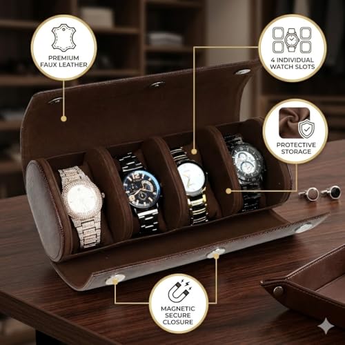 Image of essart Travel Watch Roll Case 4 Slots - watch roll travel case Portable Luxury Watch Organizer & Storage Box for Men & Women with Brown colour