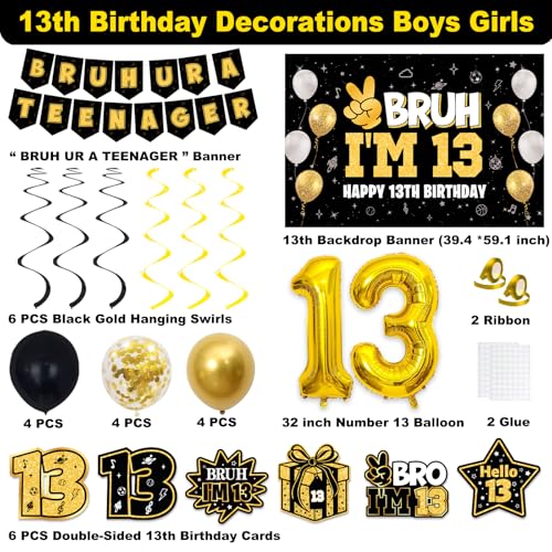 Image of 13th Birthday Decorations for Boys Girls, Black Gold Bruh Ur A Teenager Birthday Party Decorations, Bruh I'm 13 Backdrop, Foil Balloons 13, Banner, Balloons, Hanging Swirls, Birthday Card Set 45pcs