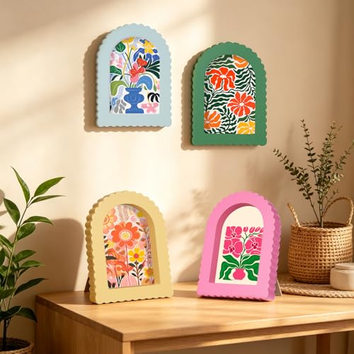 Image of Rainmae 4 Pack Colorful Scalloped Picture Frames 5 x 7 Inch Cute Arched Picture Frames for Desktop Display Photo Frame Wood Home Decor Wedding Graduation Gifts(Pink, Green, Yellow, Blue)