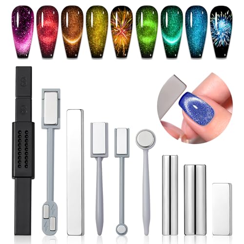 Image of SAVILAND Cat Eye Magnet for Nails: 9PCS Cat Eye Gel Nail Polish Magnet Nail Art Tools Strong Nail Magnet Cateye Square Round Magnet Stick French Cat Eye Effect Double Ended Home DIY Salon Use