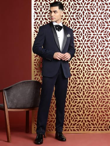 Image of MANQ Men's Solid Tuxedo Suit, Mandarin Collar, Five Pockets, Long Sleeves