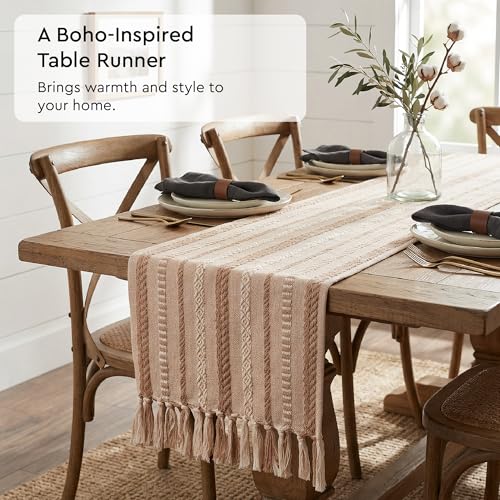 Image of Encasa XO Boho Cotton Jacquard Table Runner for 8 to 10 Seater | 32x300 cm, Beige | Handcrafted Jacquard Weave | Decorative Tassels | Rustic Table Surface Protection