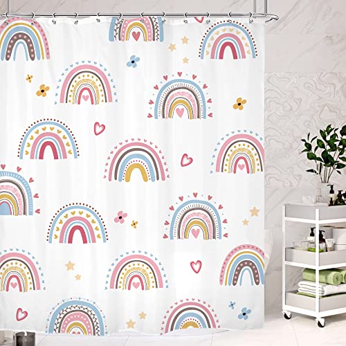 Cinbloo Boho Rainbow Girls Shower Curtain Cartoon Cute Lovely Colorful Bathroom Curtain Set Love Heart Stars Kids Nursery Bath Curtain Cloth Fabric Bathroom Accessories Decor With 12 Hooks 60Wx72H #TOP5