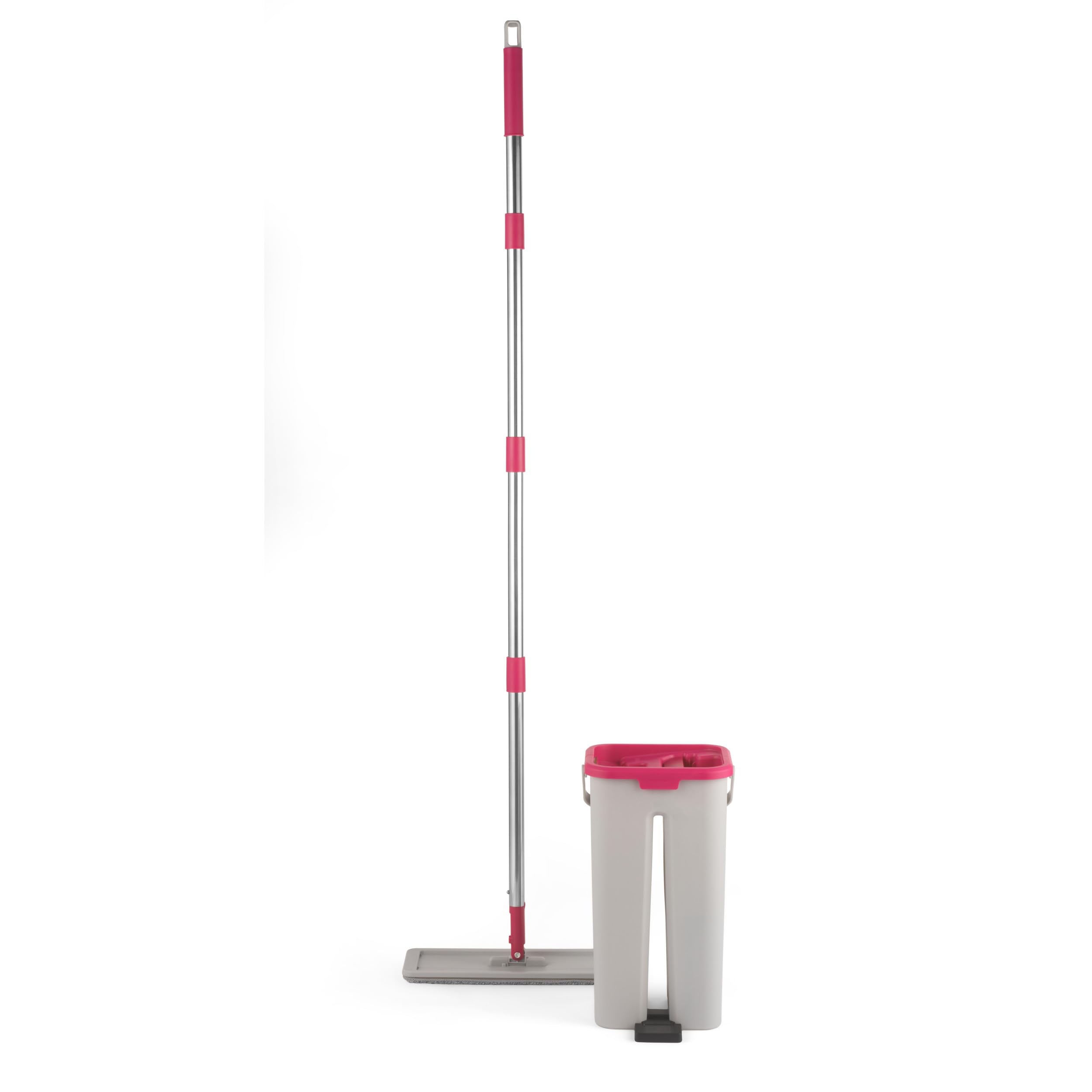 Flat Head Mop & Bucket Set - Built-in Wring, Dirt Scraper, Compact Design, Slim, Vinyl/Tiles/Wood, 5L, Double Chamber, Soaking/Wringing, Machine Washable