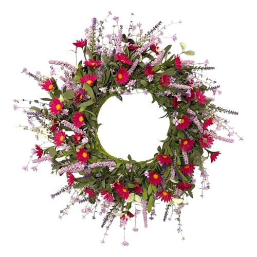24 Inch Artificial Spring Summer Wreath for Front Door Colorful Floral Wreath with Red Daisies Lavender and Eucalyptus Leaves Farmhouse Indoor Outdoor Decor