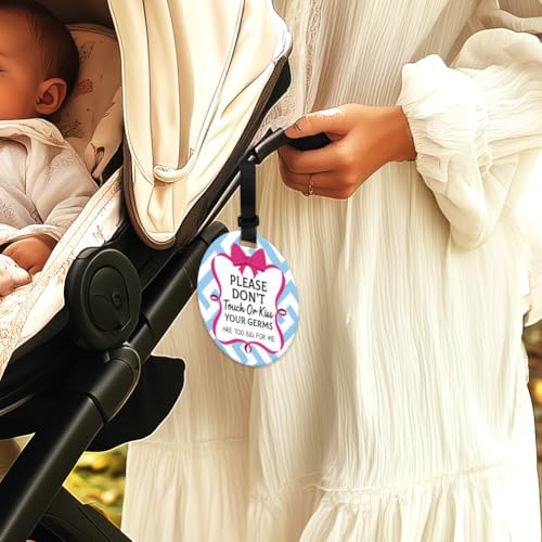 Image of 2 Pack Red Knot Bow No Touching Signs Stop No Touching Safety Sign for Family PVC Seat Signs-Stroller Tag with Hanging Strap and Clip Durable for Car Accessories 5 Inches