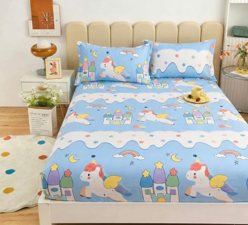 Image of Filymore Star Unicorn Double bedsheet for Girls Kid bedsheet for King Size Bed 240 TC Microfiber Soft Cartoon bedcover for Kids Room (90x90 Inches)(SkyBlue and White)