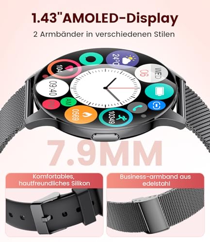 ESFOE Damen Smartwatch Ultradünn,1.43" AMOLED Smart Watch mit Bluetooth Anrufe,Uhr Damen Herren mit 120 Sportmodi Pulsuhr Schlafmonitor… – Ansicht 2