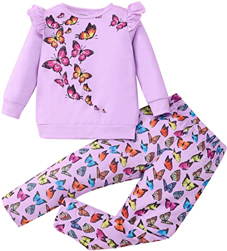 Image of Little Girls 2 Piece Outfits Ruffle Sleeve Unicorn Sweatshirts Top and Leggings Set School Outfits Kids Clothing Set