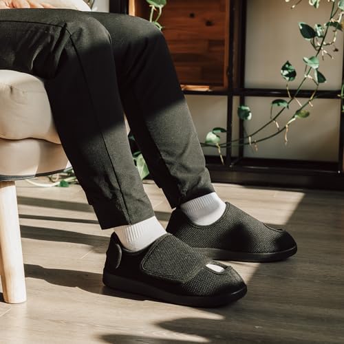 Men's Diabetic Wide Width Breathable Waffle Knit Adjustable Slipper with Anti-Slip Indoor Outdoor Sole2