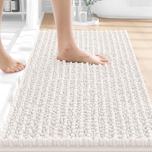 OLANLY Bathroom Rug Mat 24x16 Thick Soft and Absorbent Chenille Bath Mat Non-Slip Rubber Backing Machine Washable Quick Dry Bath Rugs for Tub Shower Floor Home Decor Accessories Ivory