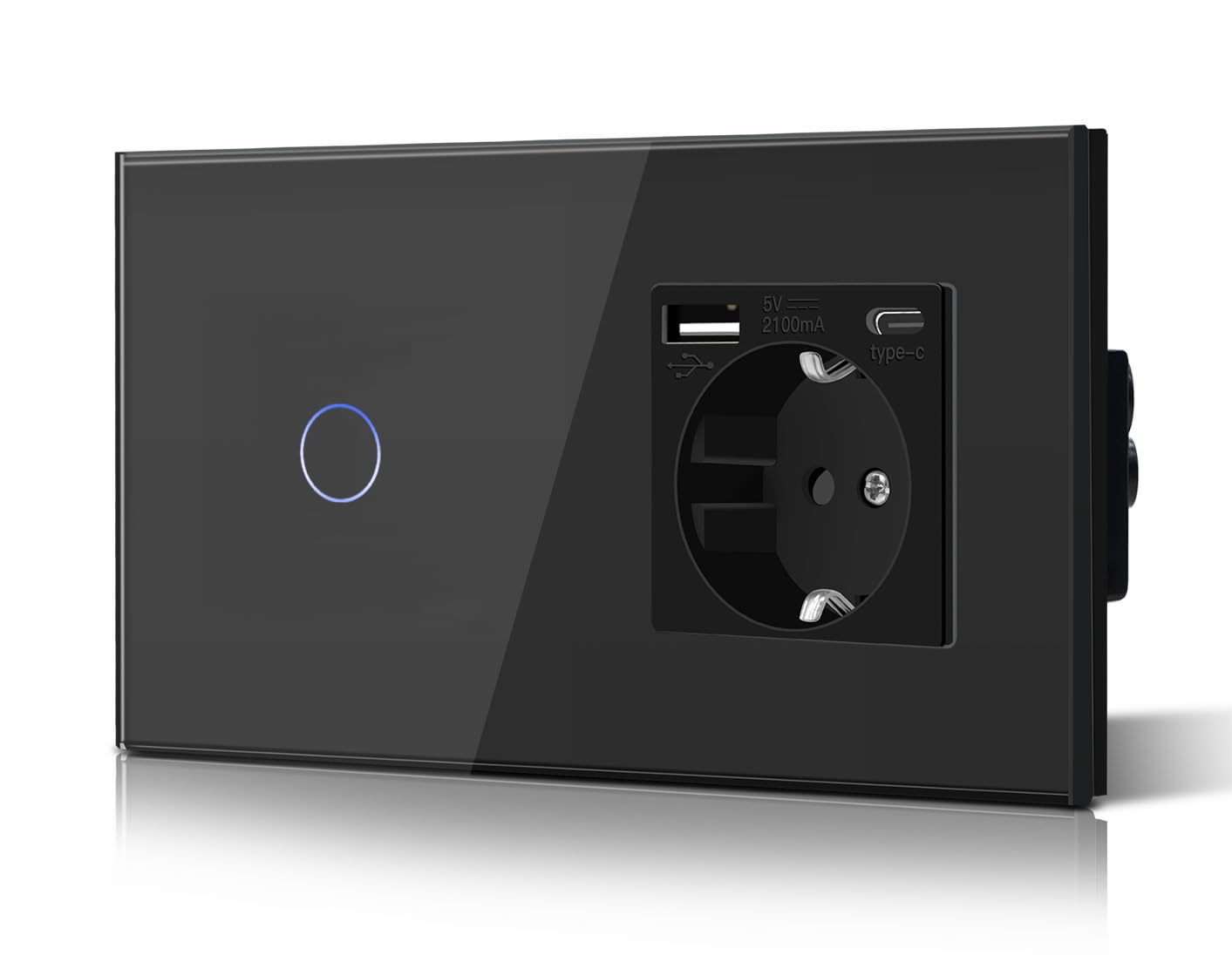 BSEED Interruptor táctil y enchufe pared,Toma de corriente con USB C,Panel de Vidrio con pulsador LED,Sin Función Wifi,1 Gang 1 Vía+1 Enchufe USB/Tipo C,157mm Negro - 1