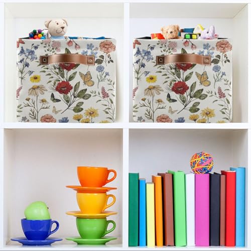 Image of Vintage Floral Storage Basket Bin for Shelves Closet Butterfly Rose Foldable Fabric Storage Box Cube with Handles Kids Gift Toy Shelf Basket Organizer for Bedroom Nursery Home Decor