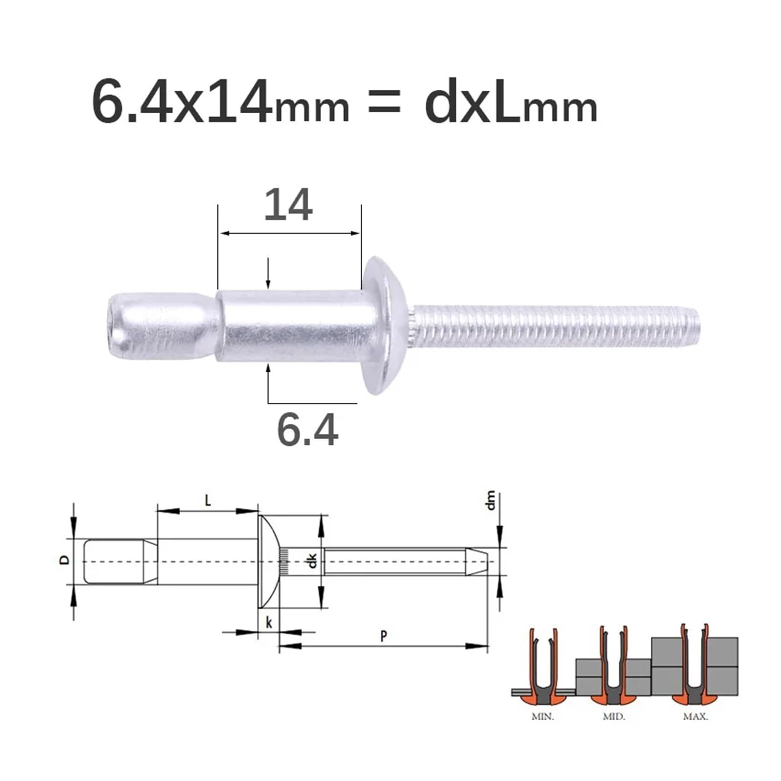 Rivets aveugles à tête de dôme structurel en alliage d'aluminium, haute résistance, 30/50 pièces(50Pcs,4.8x10 mm)