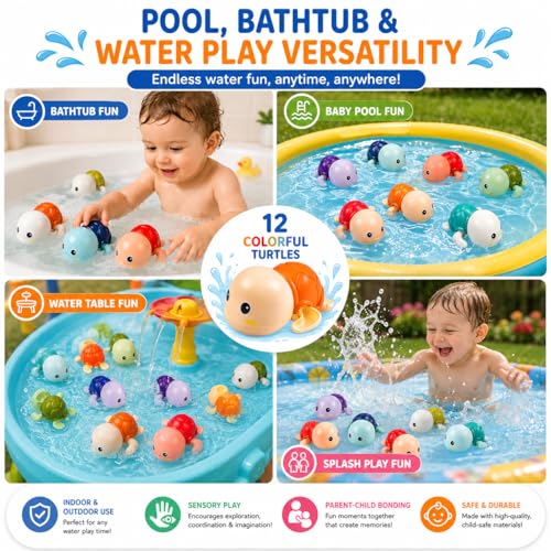 Image of PLUSPOINT Bath Toys for Toddlers | 12 Pack Swimming Turtle Bath Toys | Wind Up Floating Water Toys for Babies & Kids | Bathtub, Pool & Water Play Toys for Boys & Girls 1+ Years
