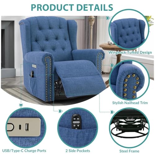 Image of Power Swivel Rocking Recliner Chair with Electric Rocker Nursery Reclining Chair, Wingback Tufted Upholstered for Living Room, USB Ports Color Navy Blue