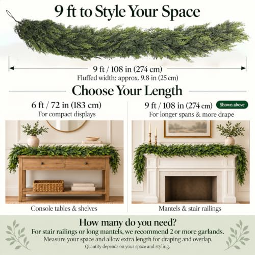 1Pcs 9Ft Real Touch Christmas Cedar Garland, Realistic Full Cedar Garland, Green Artificial Pine Needles Garlands for Mantel, Fireplace, Stairs Railing, Tables, Christmas Decorations - image 6