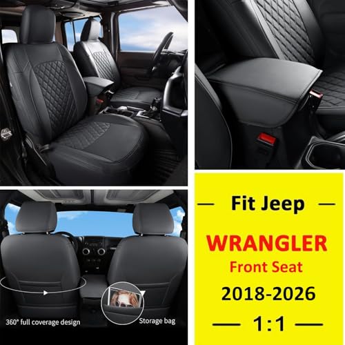 Image of GIANT PANDA Jeep Wrangler 4 Door JL 2018-2026 Front Car Seat Covers for Sahara Sport Rubicon Unlimited Willys 4xe,Customized Faux Leather - (Black)