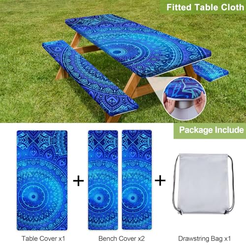 Image of Picnic Table Cover with Bench Covers 6FT 3 Pcs Waterproof Windproof Aesthetic Camping Tablecloth with Drawstring Bag, Fitted for 6 Foot Rectangle Tables and Seats, 72 inch, Dark Blue Green