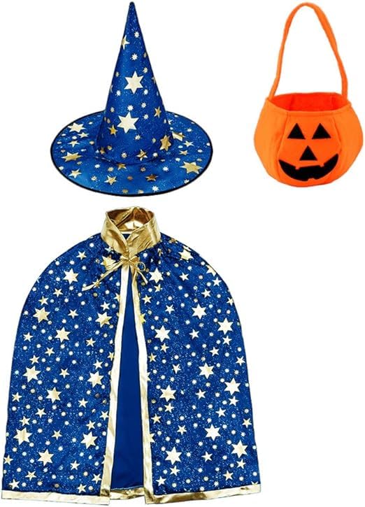 SVNFOXX Wizard Cape Witch Cloak With Hat, Pumpkin Candy Bag, Halloween Costume Props for Kids Cosplay Party
