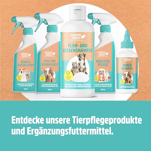Green Hero Flohshampoo und Zeckenshampoo für Hund & Katze 250 ml | Schützt vor Flöhen, Zecken, Milben, Läusen | Hundeshampoo & Katzenshampoo ohne Silikone, Parabene & Mikroplastik